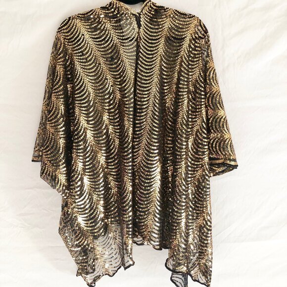 Bijorca Gold Sequin Short Kimono Scallop Wave Pattern Size OS - Picture 4 of 10